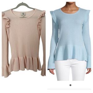 Qi Cashmere Ruffle-Trim Cashmere Pink Peplum Sweater| Size S